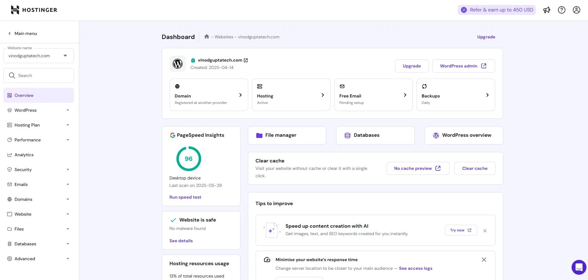 hostinger dashboard